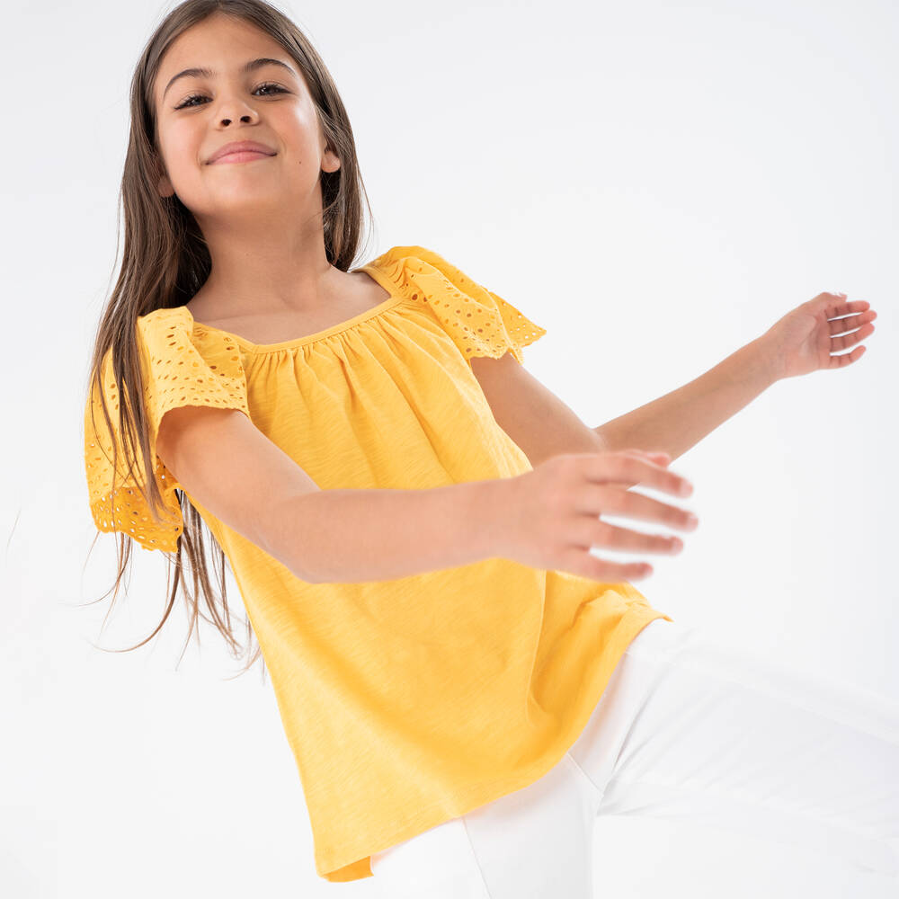 Boboli-Girls Yellow Cotton Jersey Blouse | Childrensalon Outlet