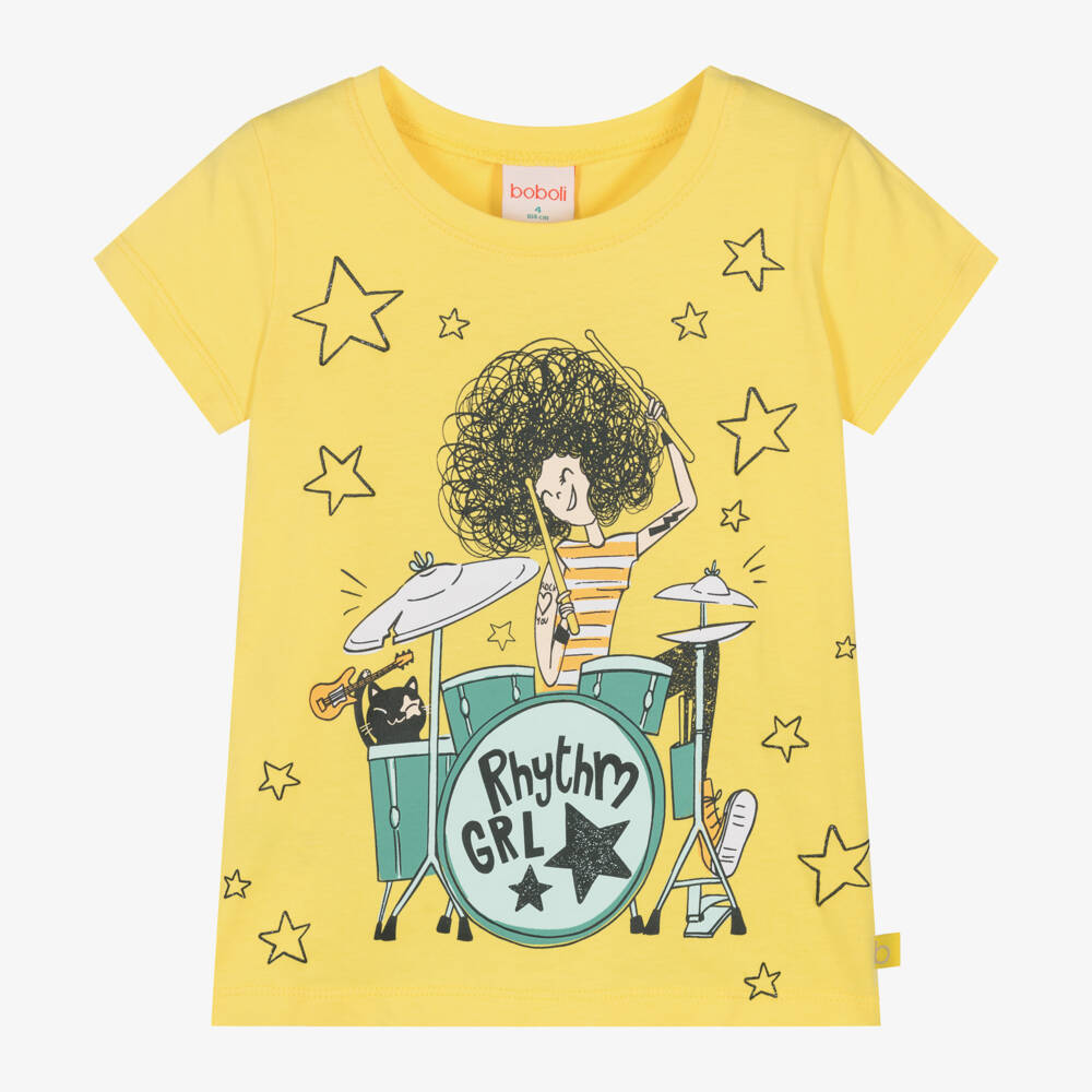 Boboli-Girls Yellow Cotton T-Shirt | Childrensalon Outlet