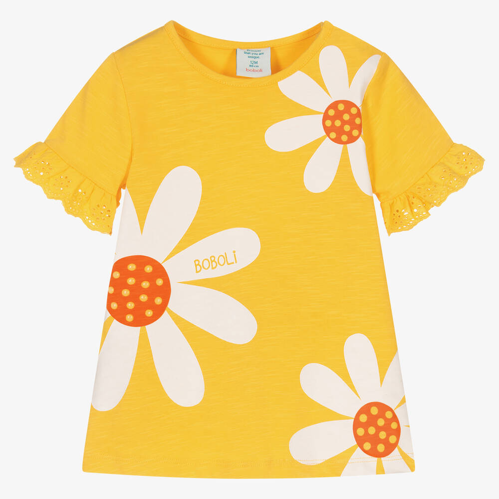 Boboli - Girls Yellow Daisy Print Cotton Dress | Childrensalon