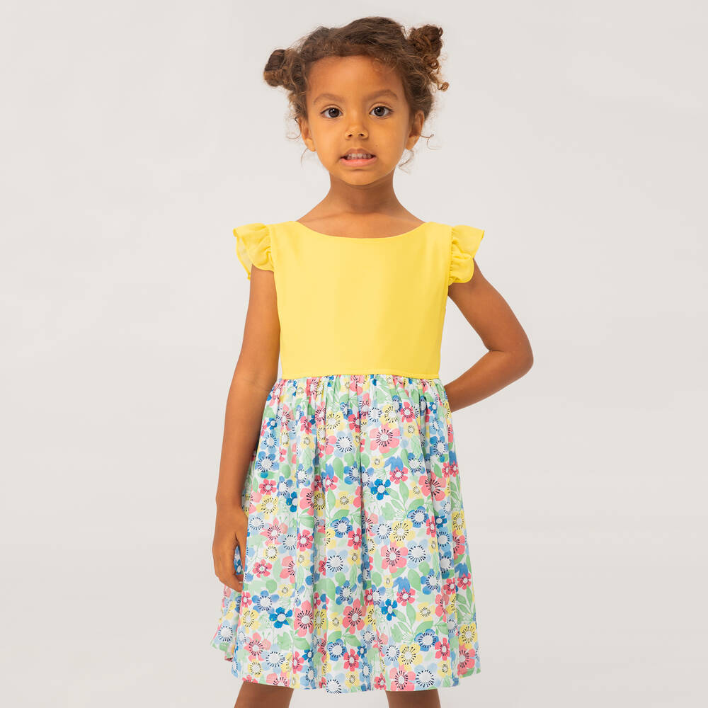 Boboli - Girls Yellow Floral Cotton Dress | Childrensalon Outlet