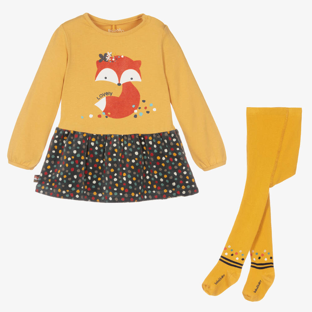 Boboli - طقم فستان قطن وقطيفة لون أصفر ورمادي | Childrensalon