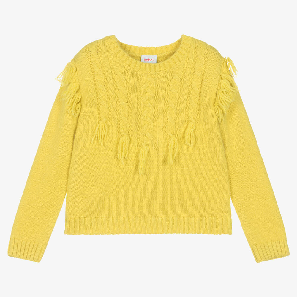 Boboli - Girls Yellow Knitted Tassel Sweater | Childrensalon