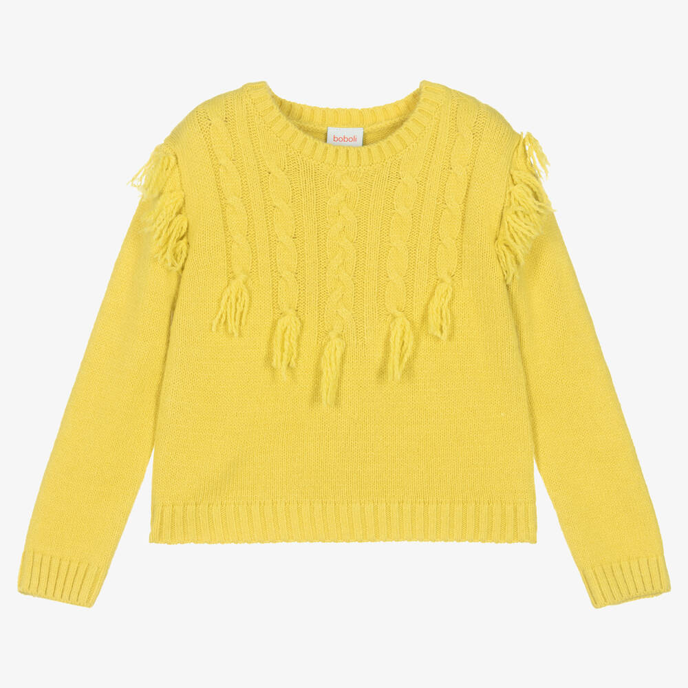 Boboli-Girls Yellow Knitted Tassel Sweater | Childrensalon Outlet