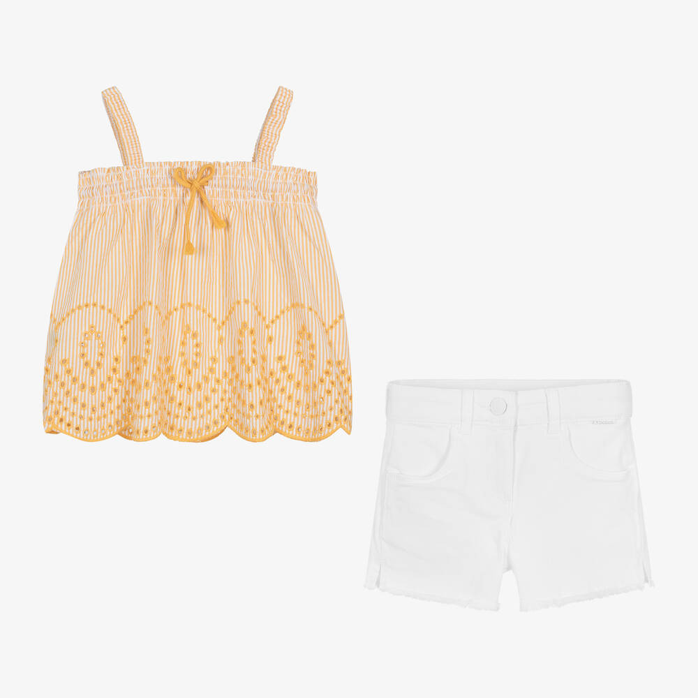 Boboli-Girls Yellow & White Denim Shorts Set | Childrensalon Outlet