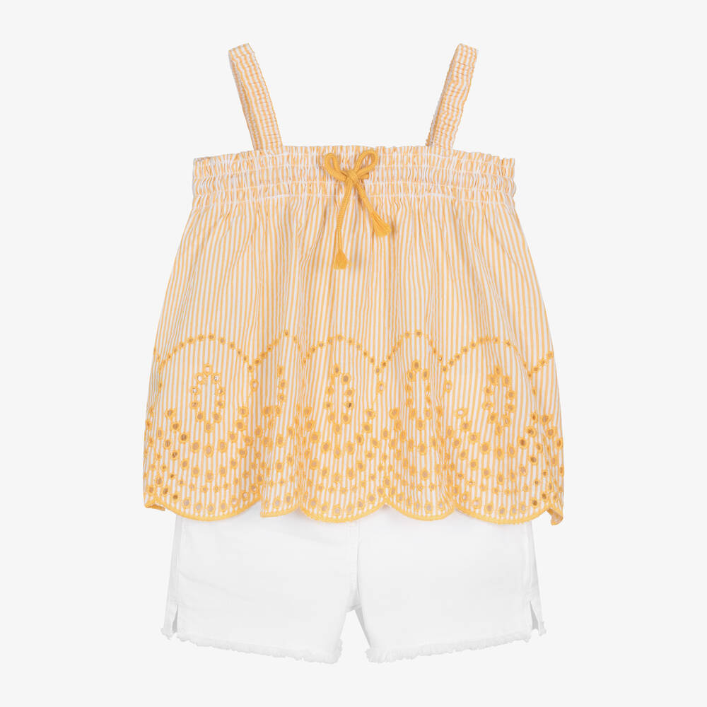Boboli-Girls Yellow & White Denim Shorts Set | Childrensalon Outlet