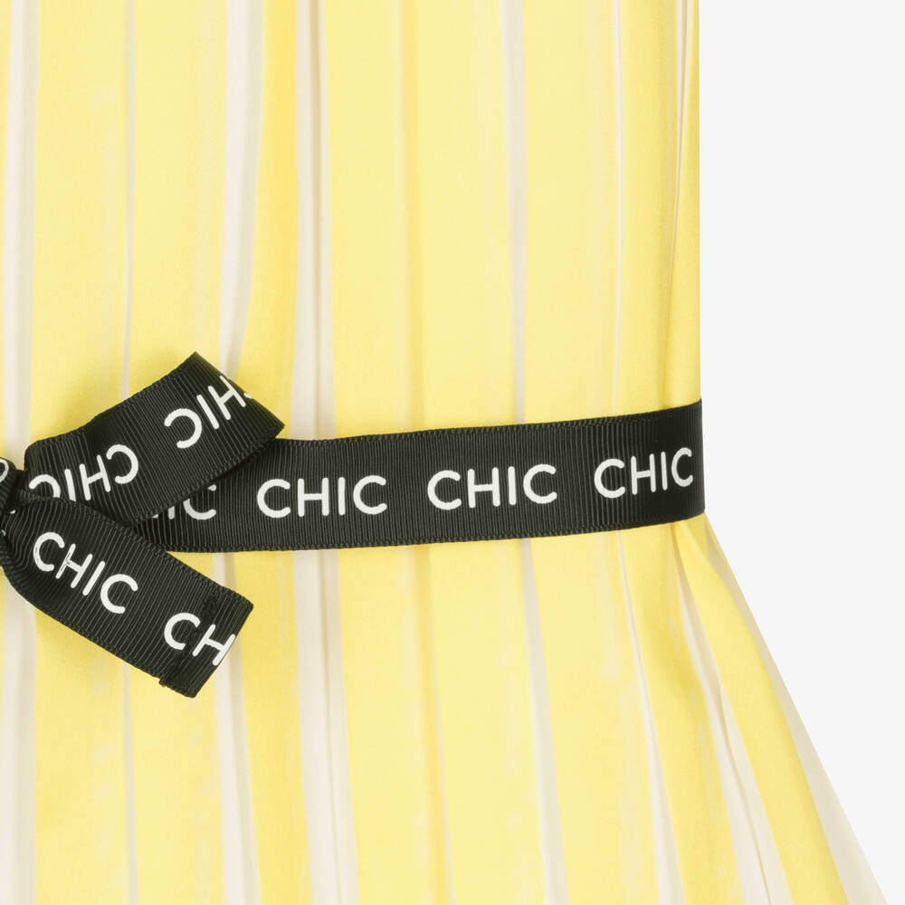 بوبولي-فستان ساتان مقلم لون أصفر وأبيض | Childrensalon Outlet