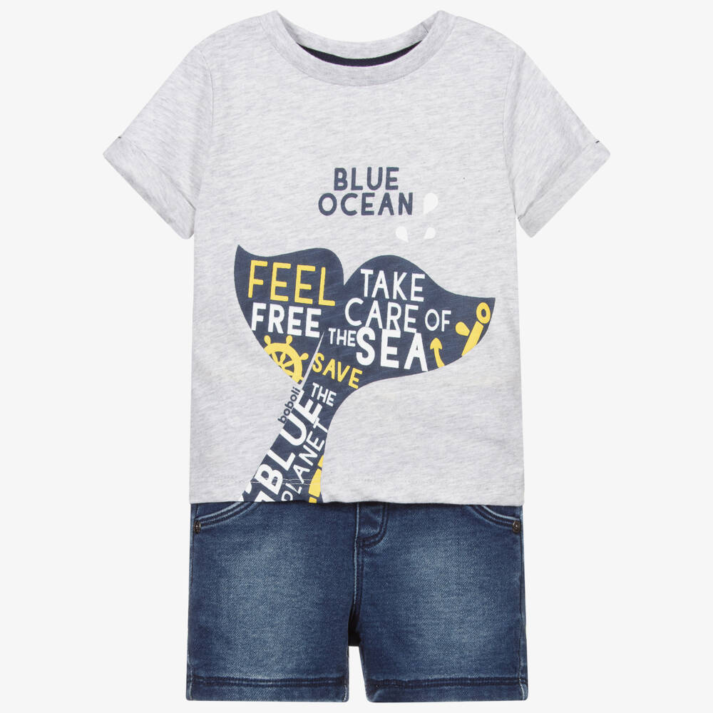 Boboli-Хлопковый комплект серого и синего цвета с шортами | Childrensalon Outlet
