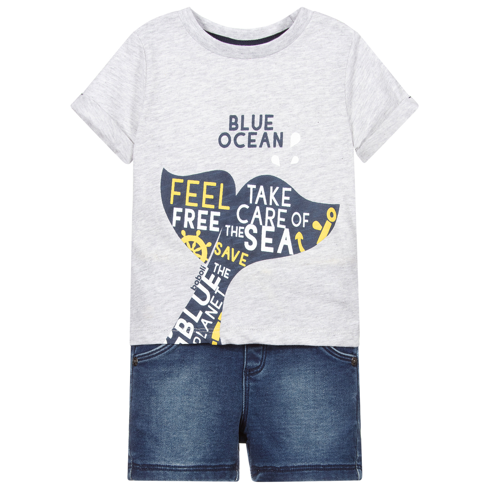 Boboli - Хлопковый комплект серого и синего цвета с шортами | Childrensalon