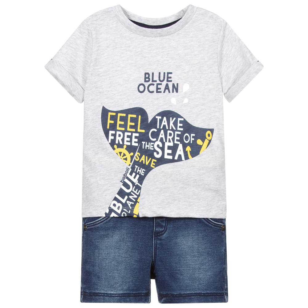 Boboli-Grey & Blue Cotton Shorts Set | Childrensalon Outlet