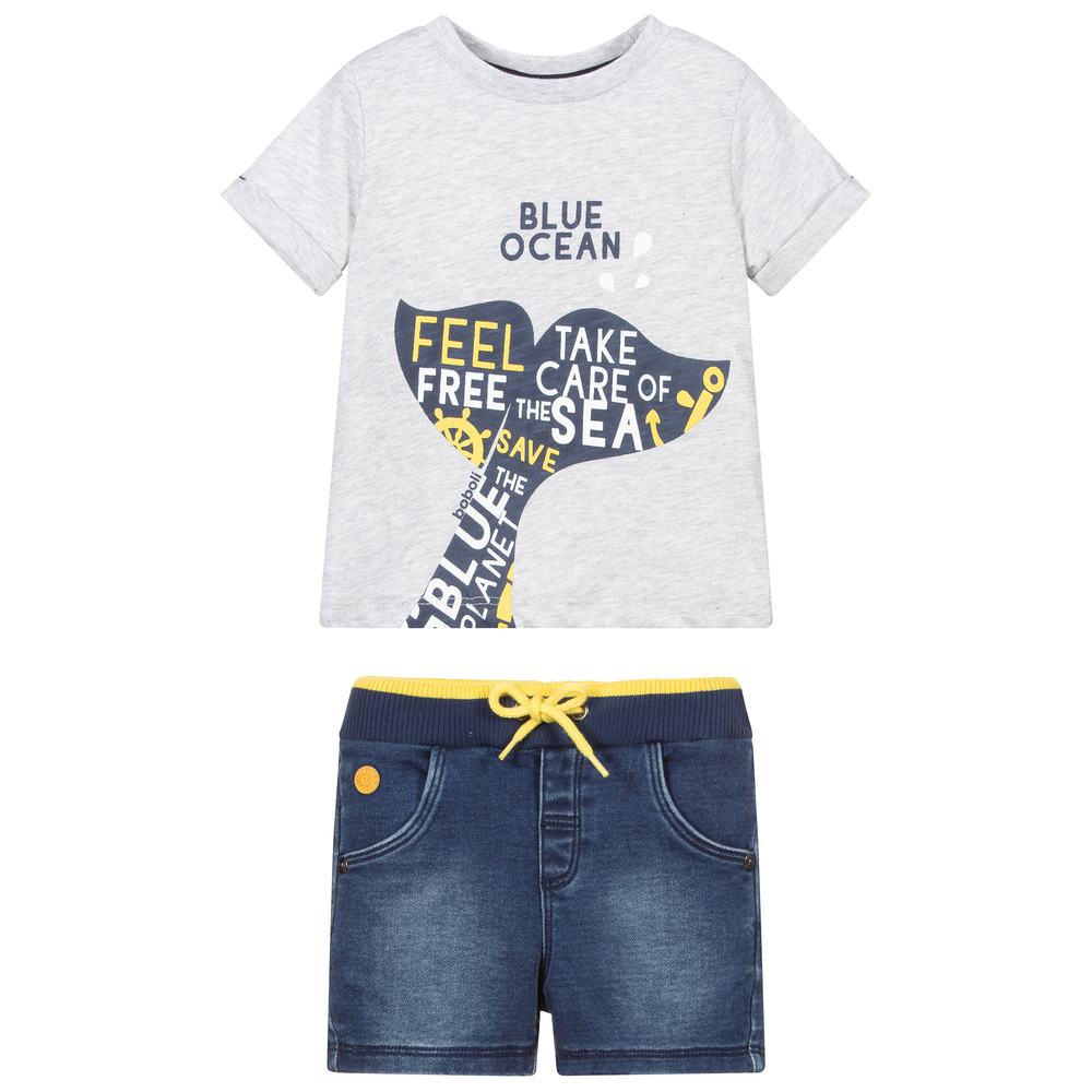 Boboli-Grey & Blue Cotton Shorts Set | Childrensalon Outlet