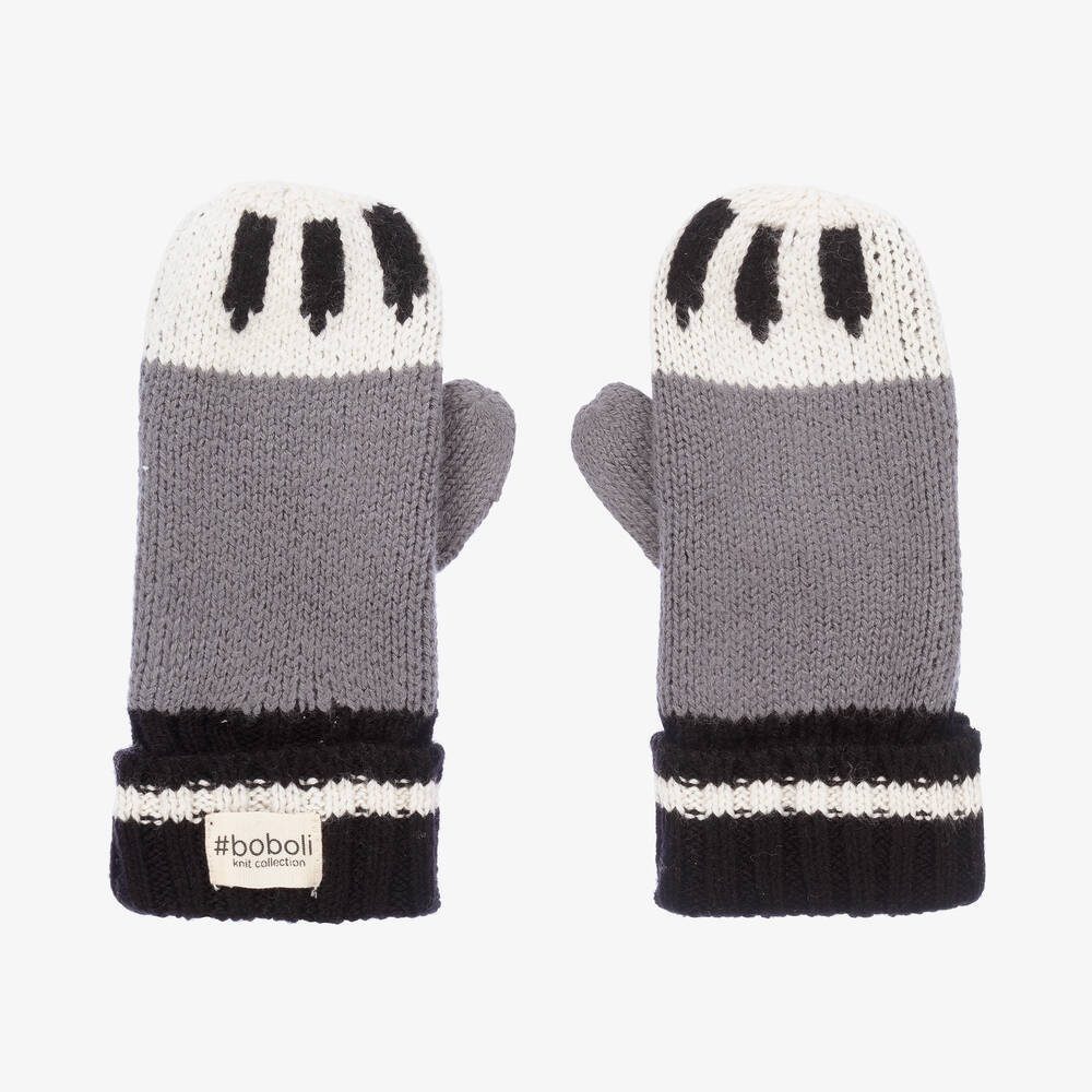 Boboli - Grey Dog Paw Knitted Mittens | Childrensalon