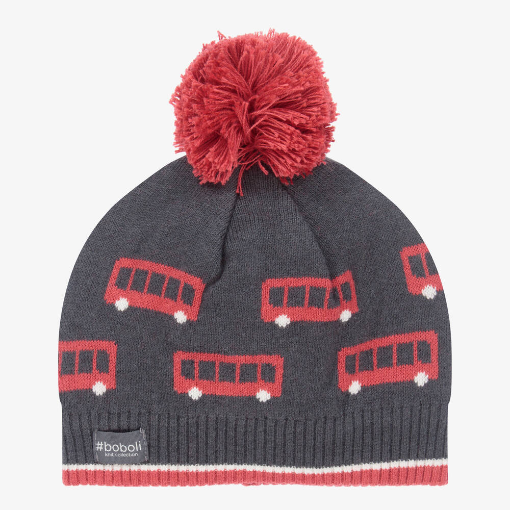 Boboli - Grey & Red Knitted Bobble Hat  | Childrensalon