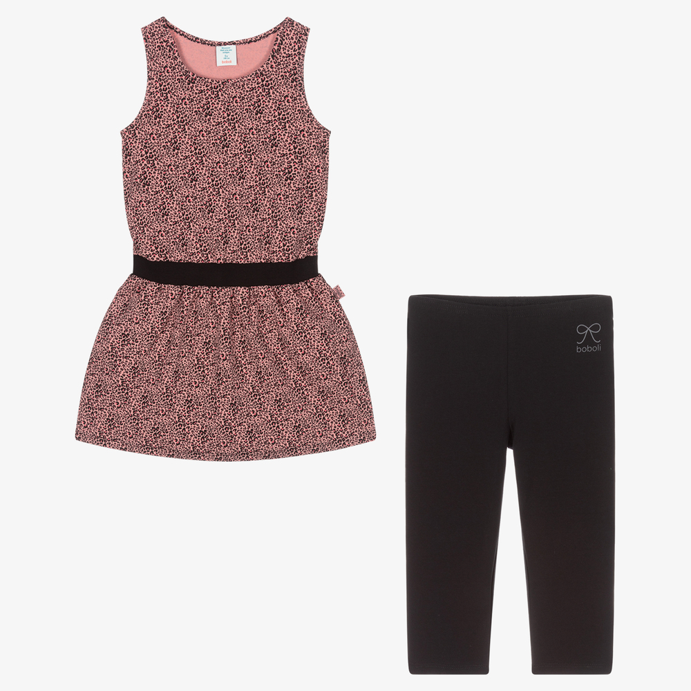 Boboli-طقم ليغنغز وفستان قطن جيرسي لون زهري وأسود | Childrensalon Outlet