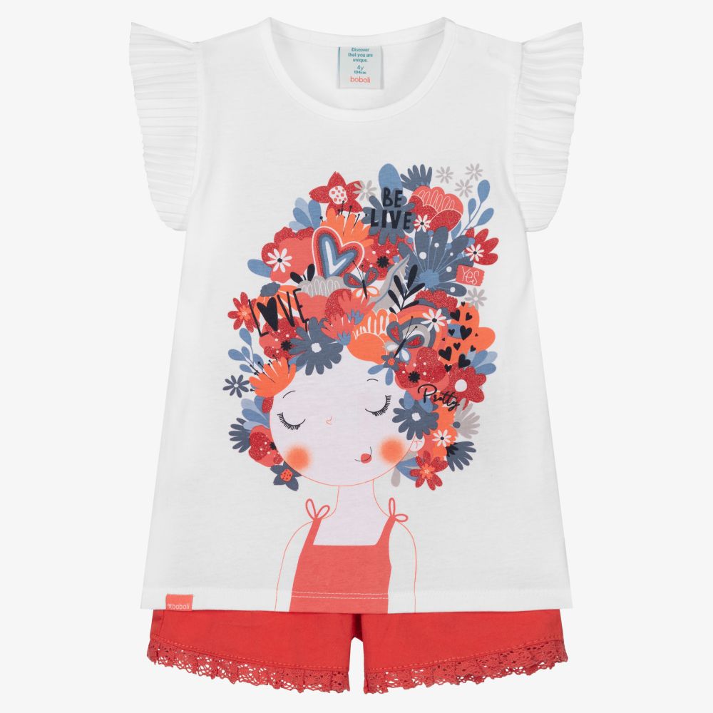 Boboli - Топ с девочкой в цветочном венке и красные шорты | Childrensalon