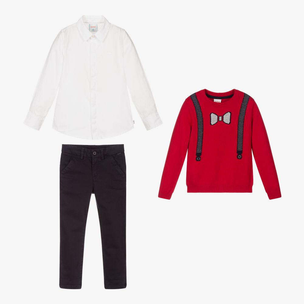 بوبولي-طقم بنطلون 3 قطع صوف وقطن لون أحمر وكحلي للأولاد | Childrensalon Outlet