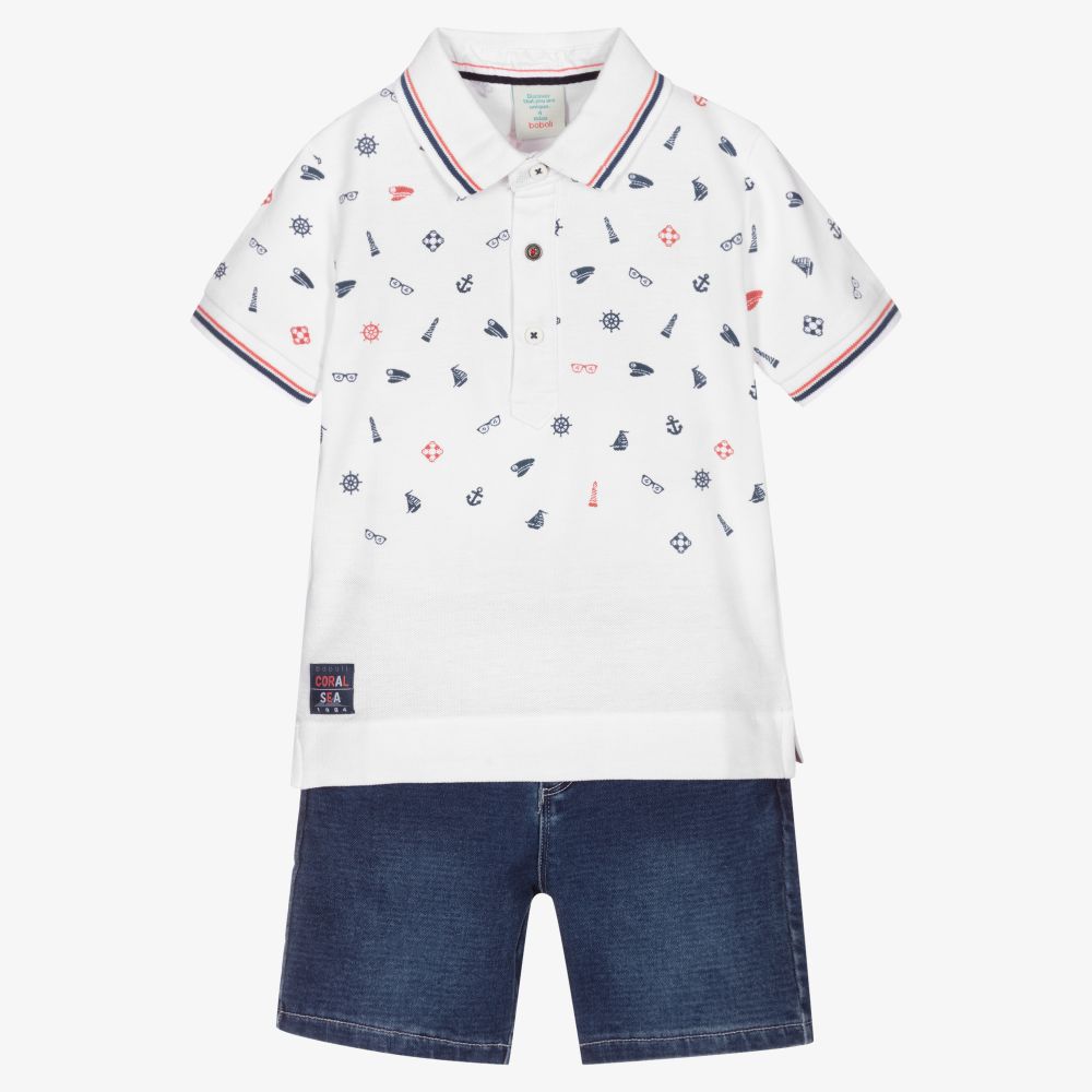 Boboli - Белая футболка с парусниками и синие шорты | Childrensalon
