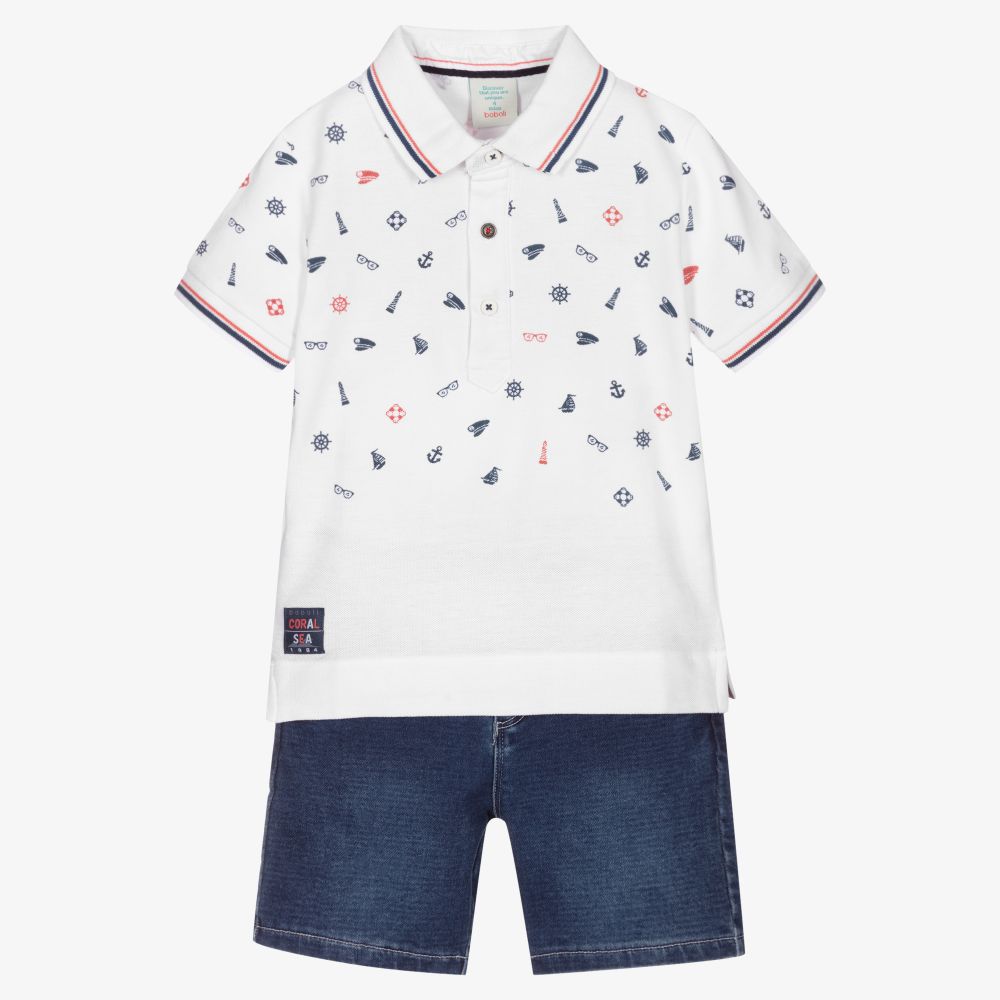 Boboli - Shorts-Set mit Booten in Weiß und Blau | Childrensalon