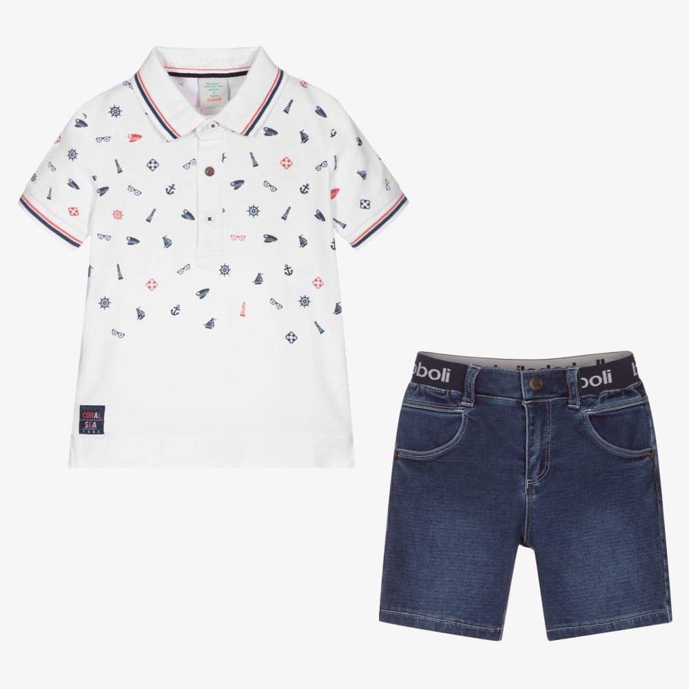 Boboli-White & Blue Boats Shorts Set | Childrensalon Outlet