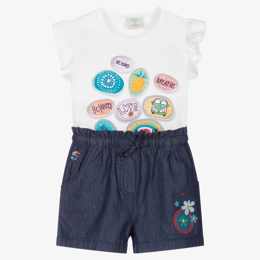Boboli - Белая футболка и синие шорты из хлопка | Childrensalon
