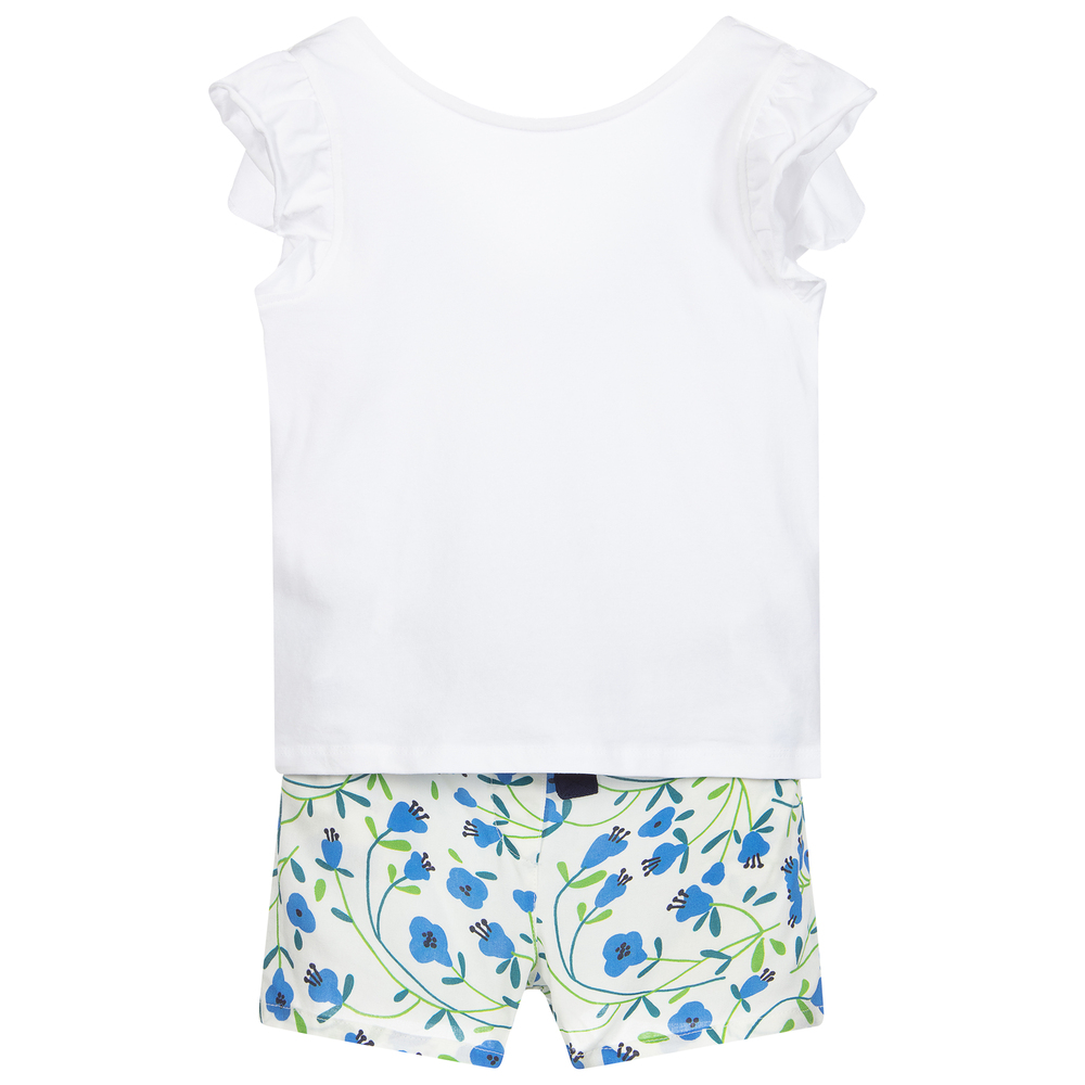 Boboli - Комплект с белым топом и синими шортами с цветочным рисунком | Childrensalon