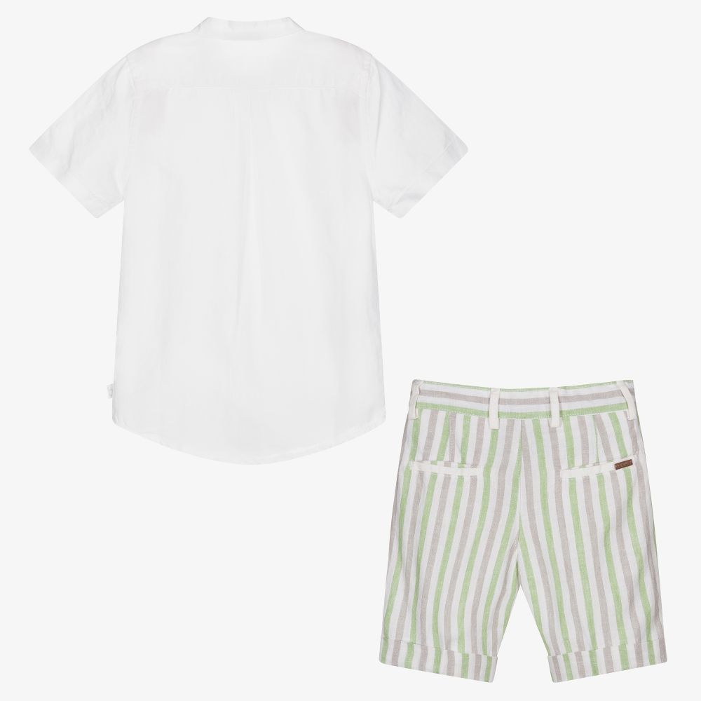Boboli-White & Green Linen Shorts Set | Childrensalon Outlet