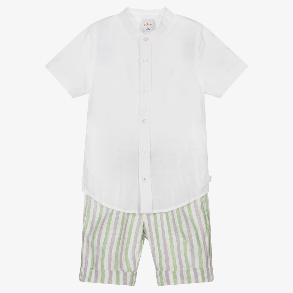 Boboli - White & Green Linen Shorts Set | Childrensalon