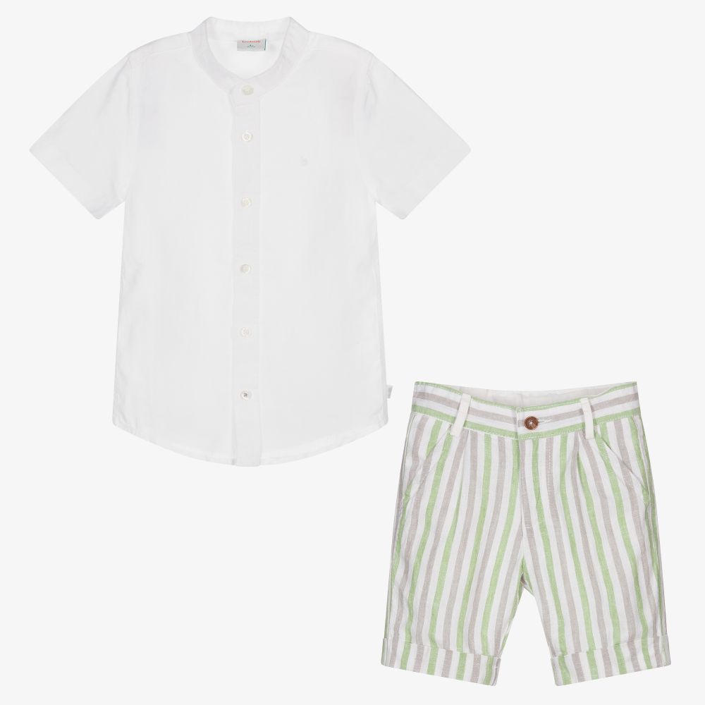 Boboli-White & Green Linen Shorts Set | Childrensalon Outlet