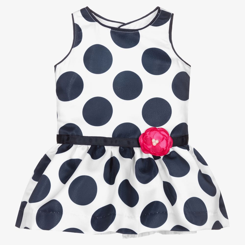 Boboli - Robe blanche à pois bleu marine | Childrensalon