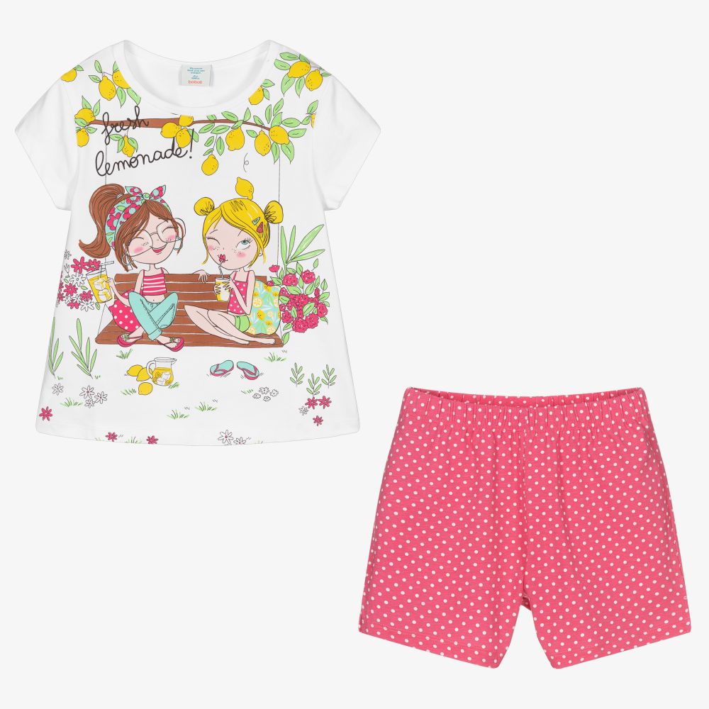 بوبولي-بيجاما قطن جيرسي لون أبيض وزهري للبنات | Childrensalon Outlet