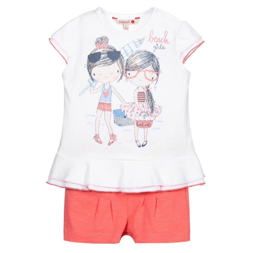 Boboli - White & Pink Cotton Shorts Set | Childrensalon
