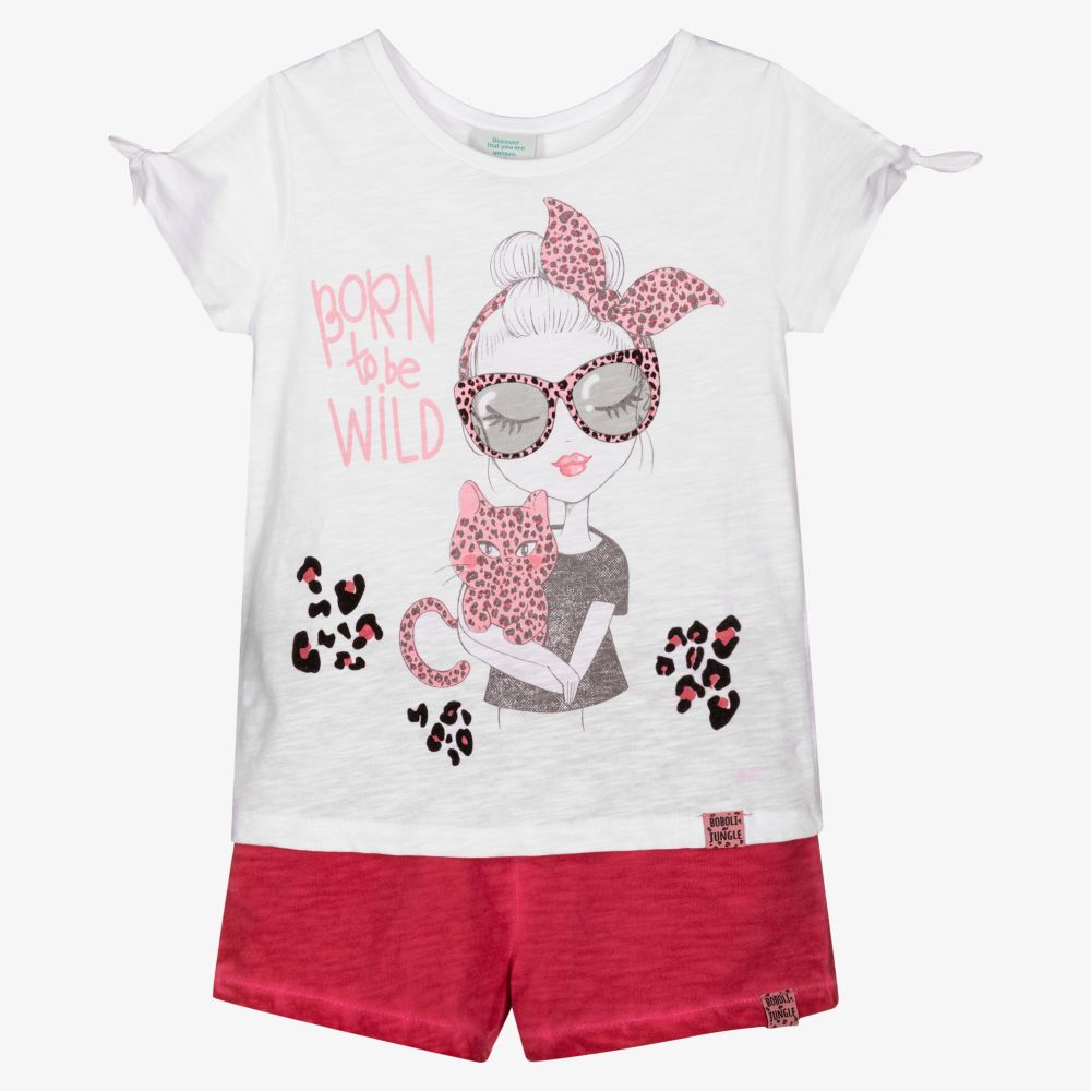 Boboli - Ensemble short blanc/rose en coton | Childrensalon