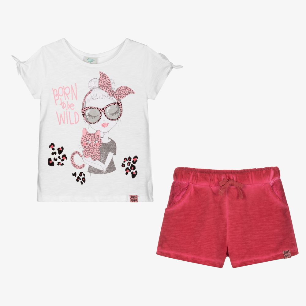 Bobux-طقم شورت وتوب قطن لون أبيض وزهري للبنات | Childrensalon Outlet