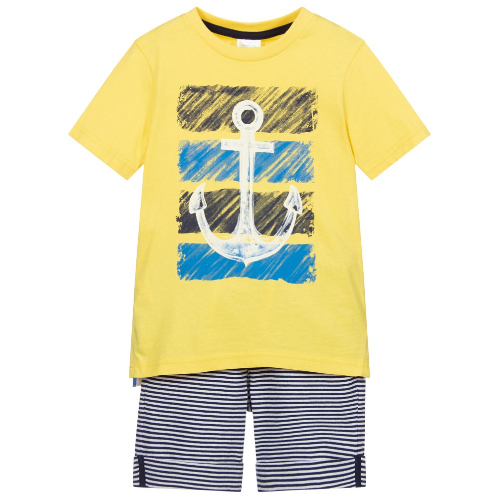 Boboli - طقم شورت وتيشيرت قطن لون أصفر وأزرق للأولاد | Childrensalon