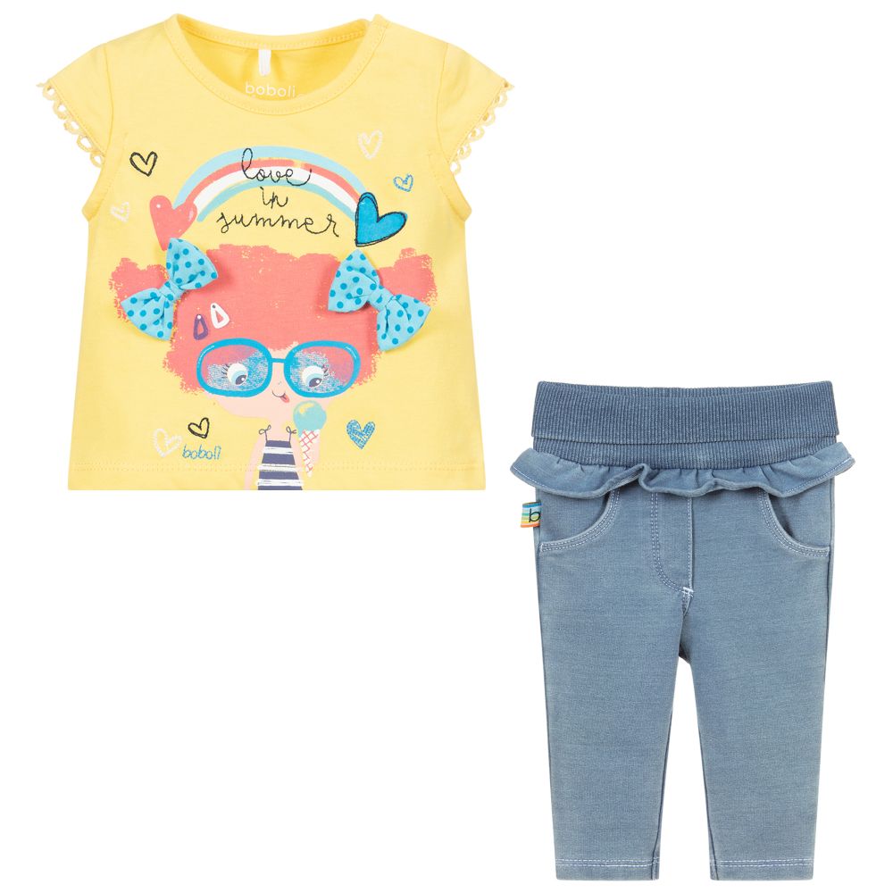 بوبولي-طقم بنطلون وتوب قطن جيرسي لون أصفر وأزرق للمولودات | Childrensalon Outlet