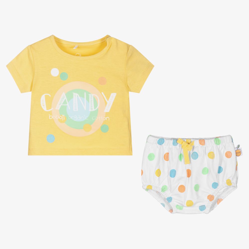 بوبولي-طقم شورت قطن عضوي جيرسي لون أصفر وأبيض للمولودات | Childrensalon Outlet