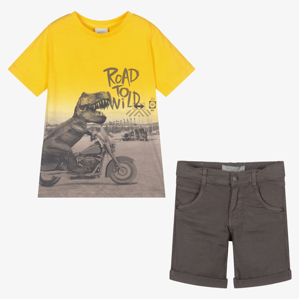 Boboli-طقم شورت قطن جيرسي لون أصفر ورمادي للأولاد | Childrensalon Outlet