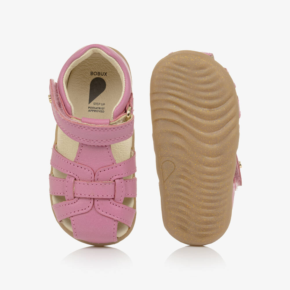 Bobux Step Up-Baby Girls Pink Leather Strappy First Walker Sandals | Childrensalon Outlet