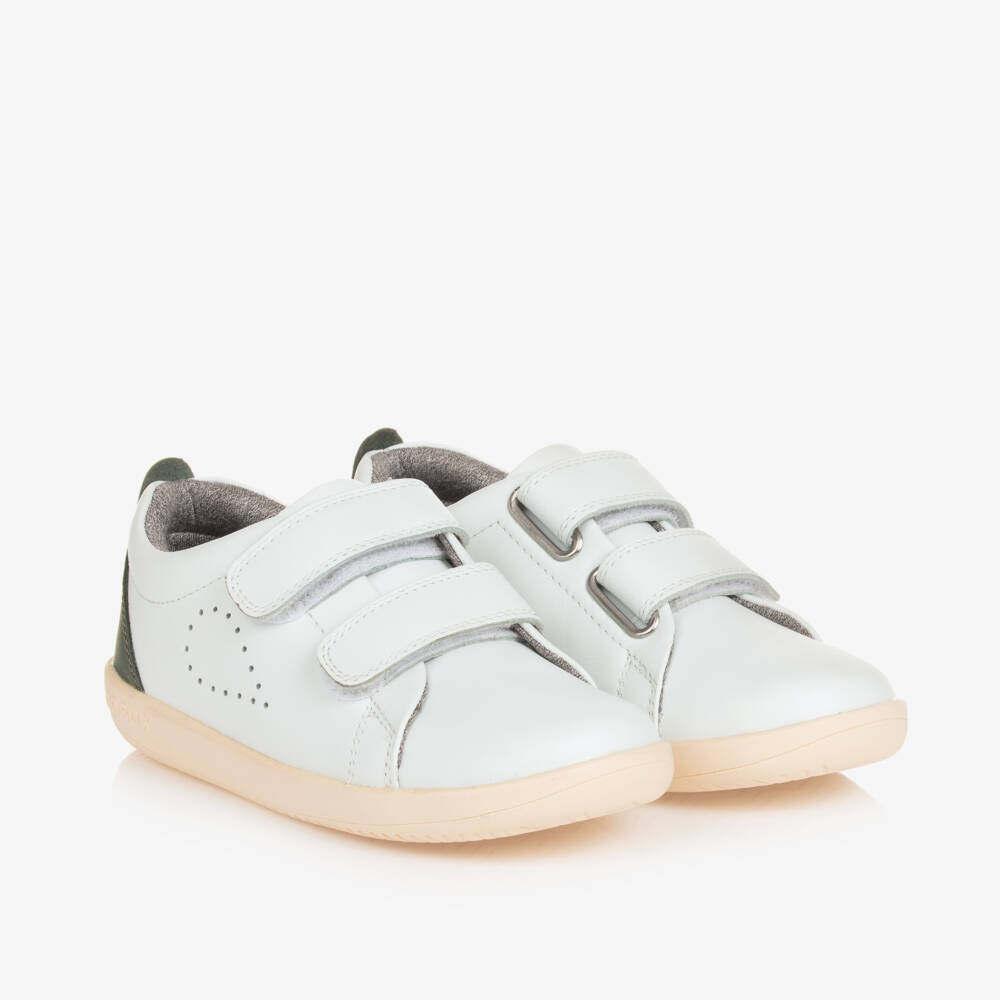 Bobux Kid +-Boys White Green Velcro Leather Sneakers | Childrensalon Outlet