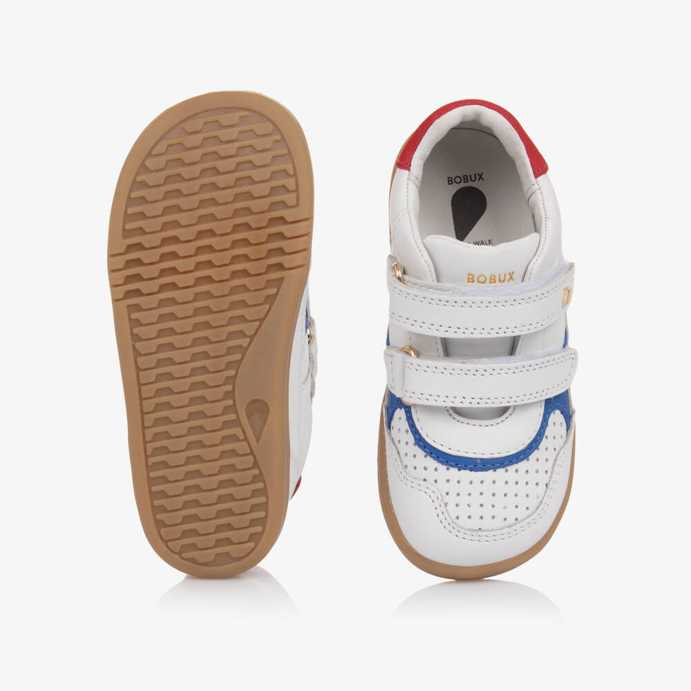 Bobux IWalk-Boys White Leather IWalk Trainers with Red & Blue Trim | Childrensalon Outlet