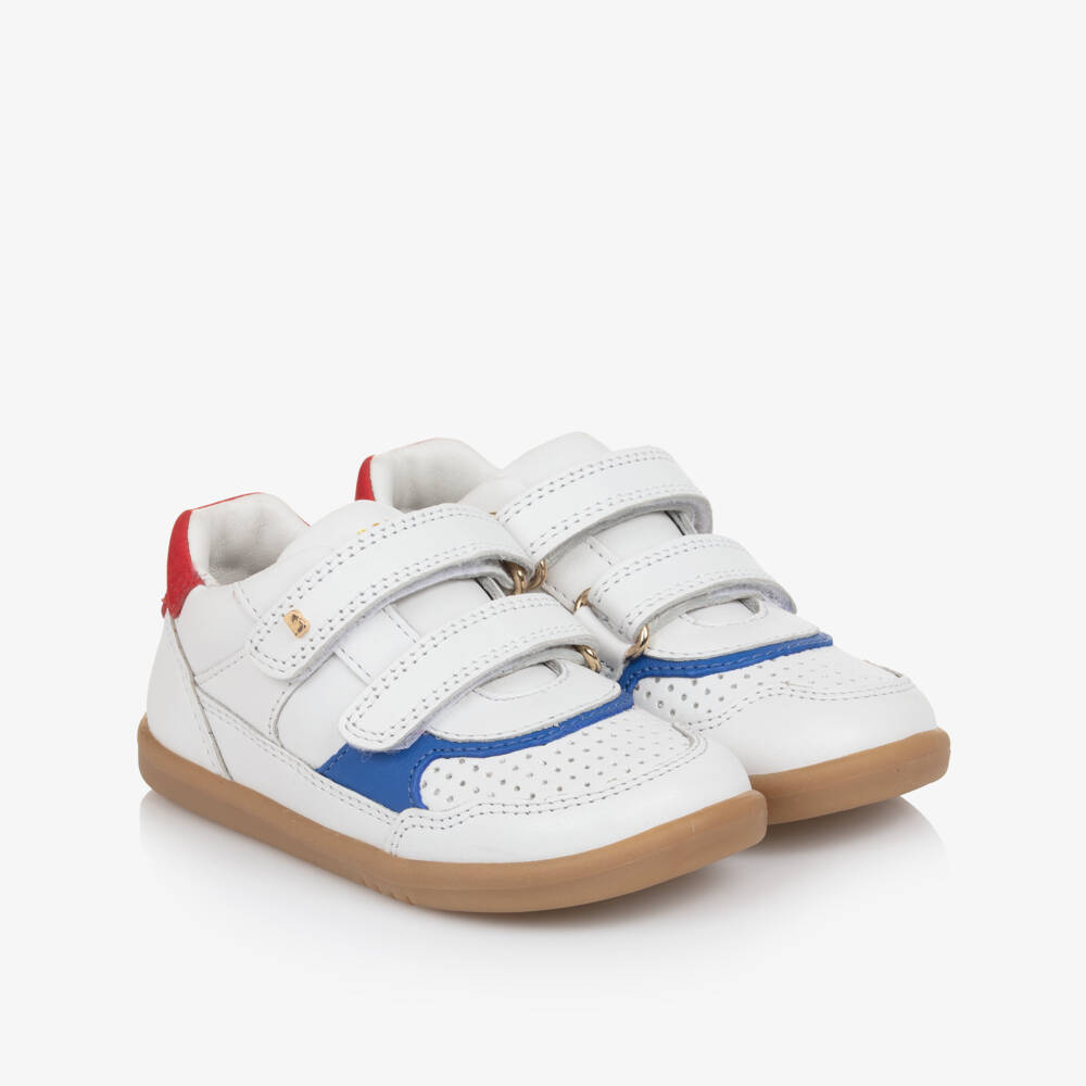 Bobux IWalk-Boys White Leather IWalk Trainers with Red & Blue Trim | Childrensalon Outlet
