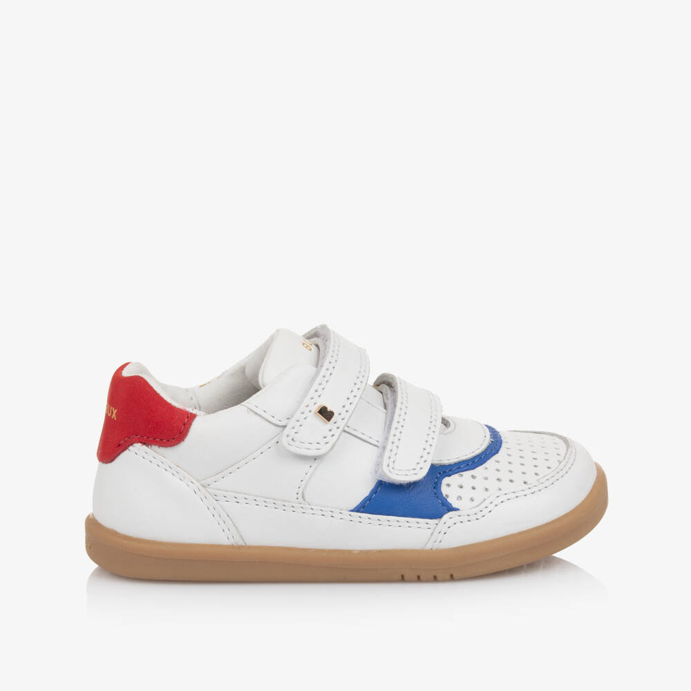 Bobux IWalk-Boys White Leather IWalk Trainers with Red & Blue Trim | Childrensalon Outlet