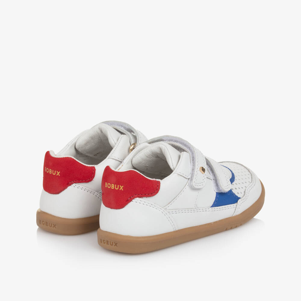 Bobux IWalk-Boys White Leather IWalk Trainers with Red & Blue Trim | Childrensalon Outlet