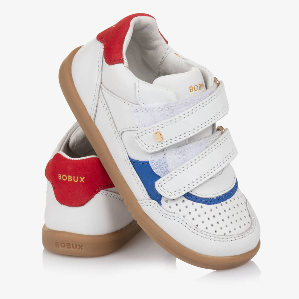 Bobux IWalk-Boys White Leather IWalk Trainers with Red & Blue Trim | Childrensalon Outlet