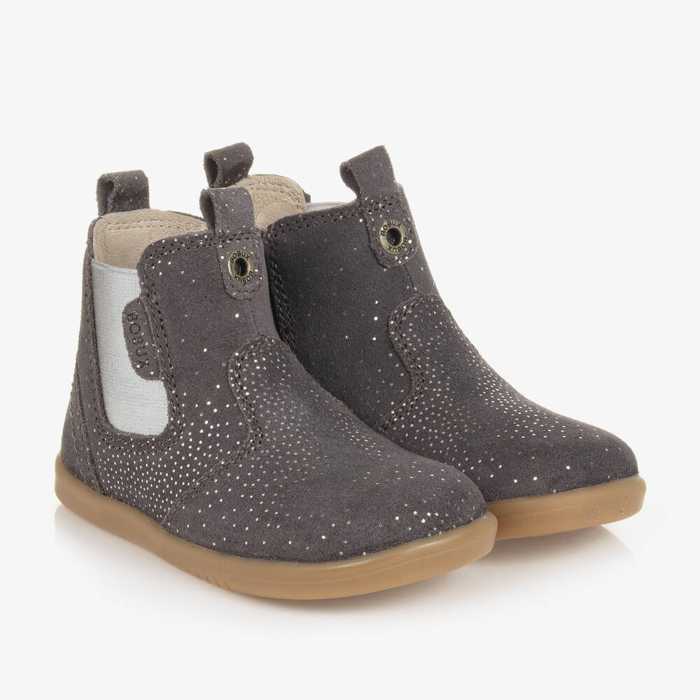 Bobux IWalk - Girls Grey Sparkly Suede Leather Boots | Childrensalon