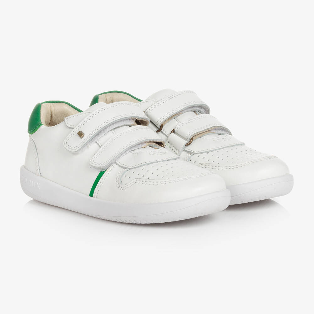 Bobux Kid + - White & Green Velcro Leather Trainers | Childrensalon