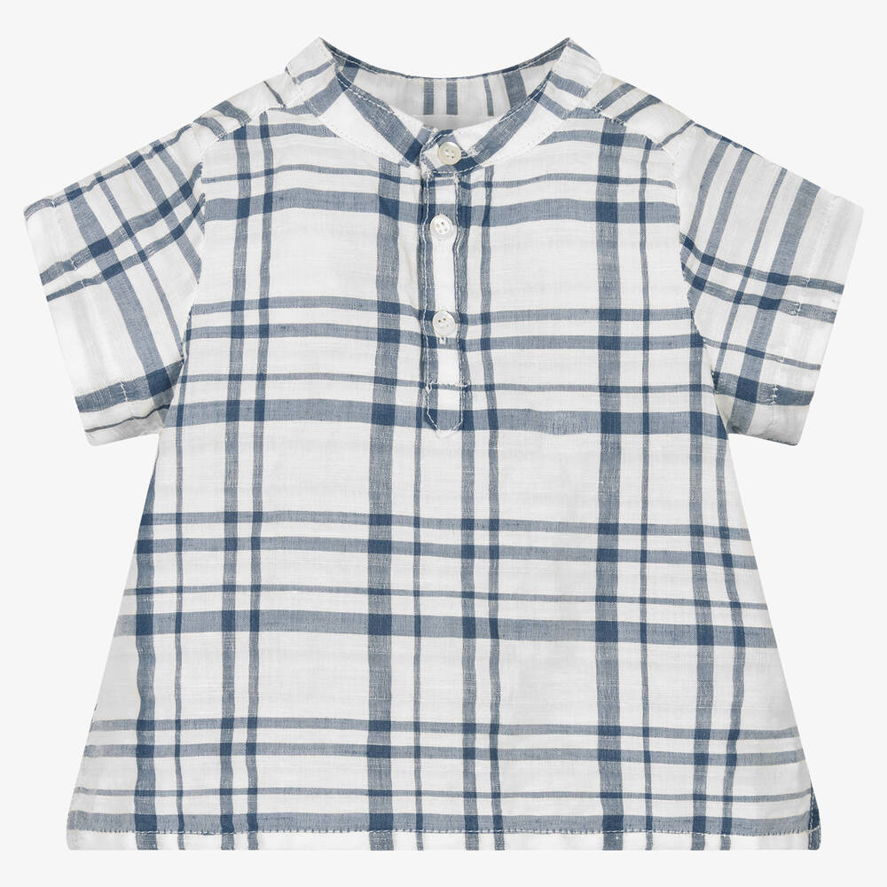 Bonpoint - قميص قطن وكتان كاروهات لون أزرق وأبيض | Childrensalon