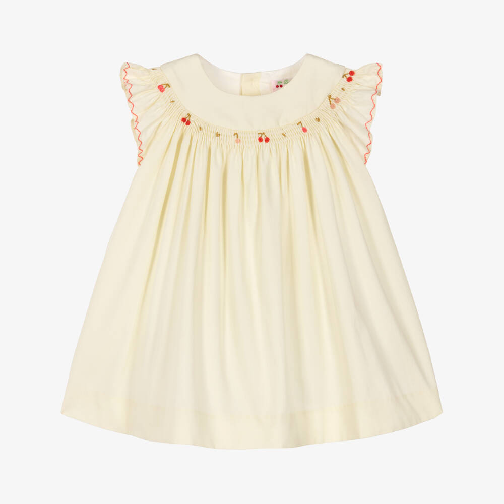 Bonpoint-Baby Girls Ivory Cotton Smocked Dress | Childrensalon Outlet