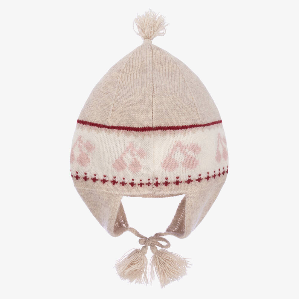 Bonpoint-Beige Merino Wood Knitted Cherries Hat  | Childrensalon Outlet