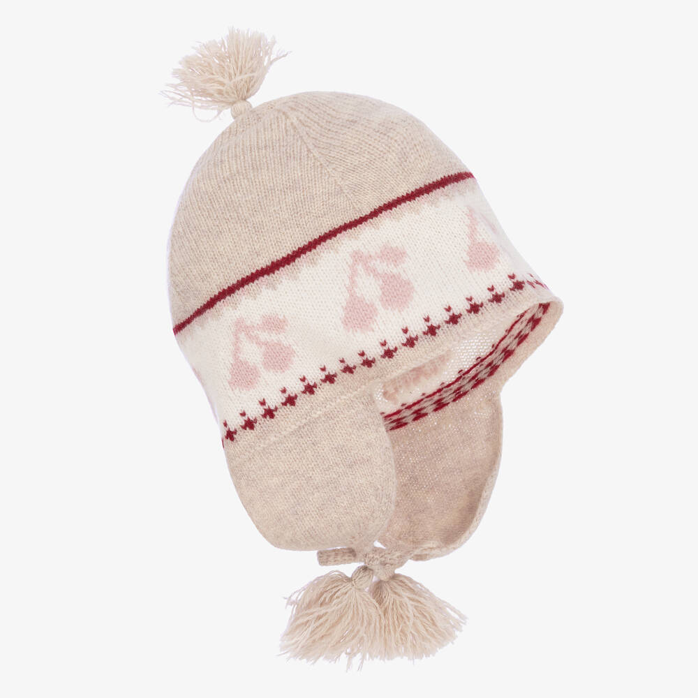 Bonpoint - Бежевая шапка из мериносовой шерсти с вишнями  | Childrensalon