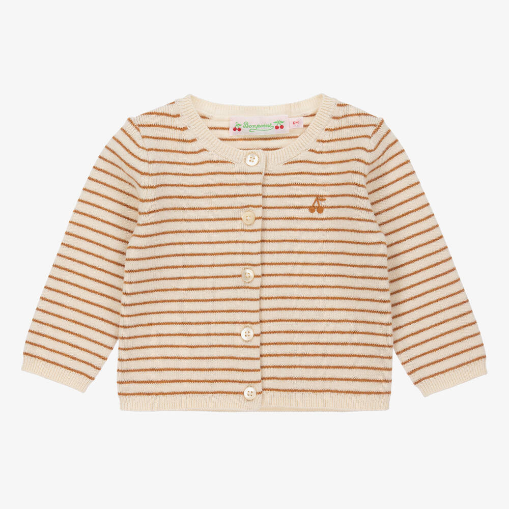 Bonpoint - Beige Stripe Wool & Cotton Knit Cardigan | Childrensalon